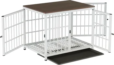 Image de WISFOR Cage pour chien avec 3 portes, Box pour chien Maison pour chien avec surface de table, Box de transport Cage en fil métallique, Caisse pour chien Table d'appoint, M : 78.5x56.8x65cm, blanc