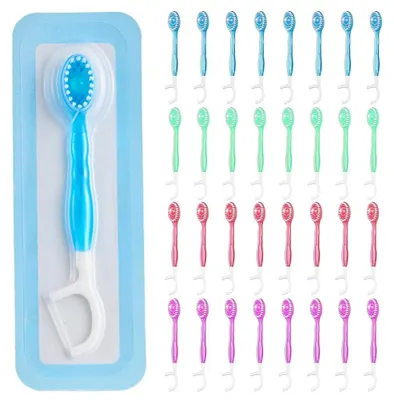 Produktbild von Einweg-Zahnbürsten 5-in-1 – Reisezahnbürsten-Set – Zahnseide/Zahnstocher/Zungenschaber – 32 Stück – Hygienisch – Kompakt für Reisen – Reisezahnbürste