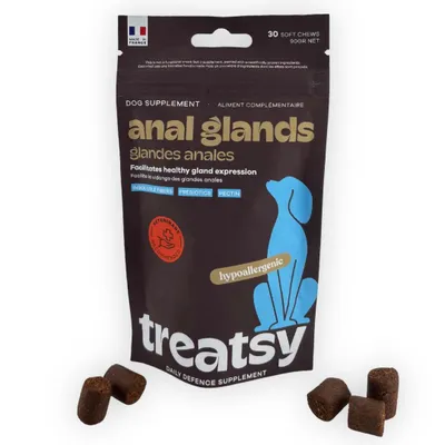 Produktbild von Treatsy Analdrüsen Hund | Ballaststoffe, FOS, Pektin | hypoallergen | 30 Snacks | Analdrüsenprobleme, Verdauung