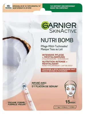 Imagen del producto de Garnier SkinActive Nutri Bomb, Mascarilla hidratante, unisex, para piel seca, hidratante, con extractos vegetales, ácido hialurónico