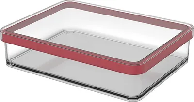 A clear, professional studio shot of a transparent food storage container with a red rim.