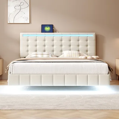 Produktbild von CDGlobal Polsterbett 160x200 cm mit LED-Beleuchtung und Aufladen USB, Doppelbett mit  Kopfteil und Lattenrost, Jugendbett Stauraumbett Bettgestell, Leinen (Beige, 160x200 cm)
