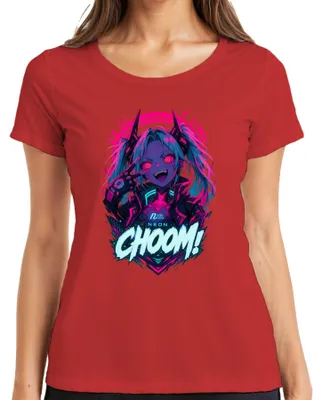 Zdjęcie produktu dla NEON CHOOM! Koszulka damska z motywem cyberpunkowym, anime, synthwave, Japonia, styl Y2K, manga, dla fanów anime, kolor czerwony, rozmiar M
