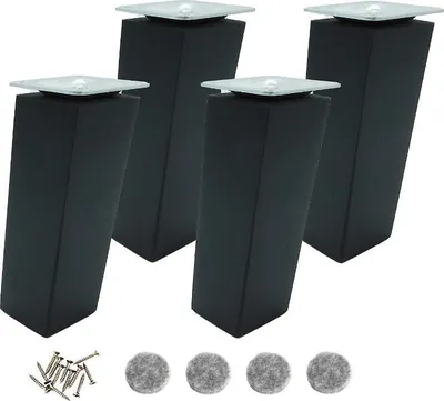 Four black furniture legs with silver tops are arranged in a group on a white background. A small pile of screws and four felt pads are also visible at the bottom.