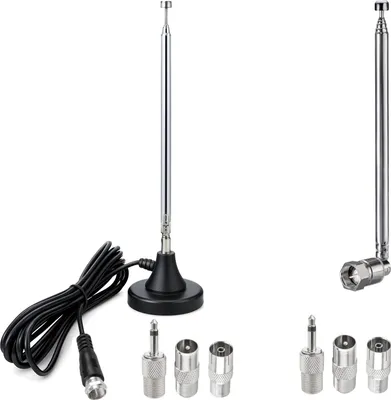 Produktbild von Minadax Radio & TV - 8 teiliges Teleskop Antennen Set mit Magnetfuß & Standard-Basis – DVB-T/T2, DVB-C, FM & DAB - 3 m Kabel - 6 Adapter – Universeller digitaler & analoger Empfang