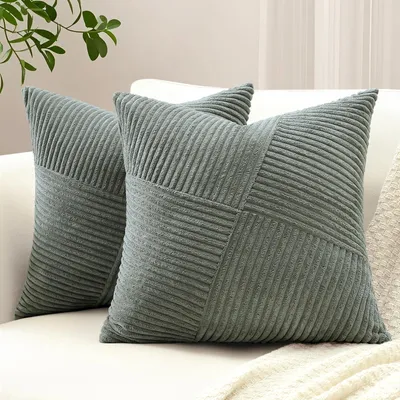 Productafbeelding van Set van 2 kussenhoezen met koordapplicaties, decoratieve kussens met een molenstreepmotief, sofa kussens, decoratieve kussenhoezen in patchworkstijl voor de woonkamer (45x45 cm, donkergrijs)