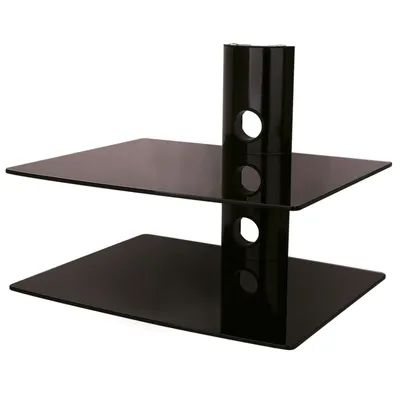A black, two-tiered glass shelf unit for multimedia devices, shown against a white background.
