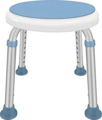 A white background with a blue and silver shower stool.