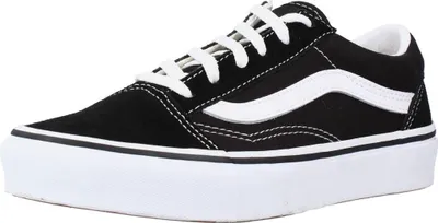 A black Vans Old Skool sneaker with white laces and a white side stripe, shown from a side angle on a white background.