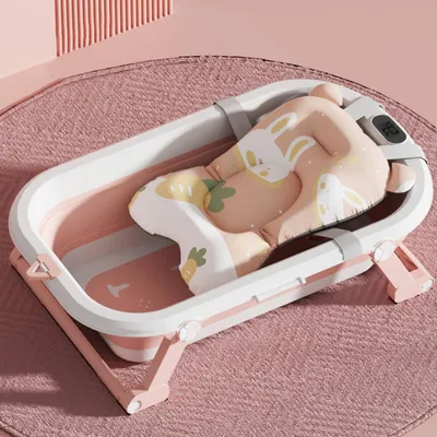 Image de Baignoire pour bébé Pliable avec thermomètre et coussin de bain antidérapant rose