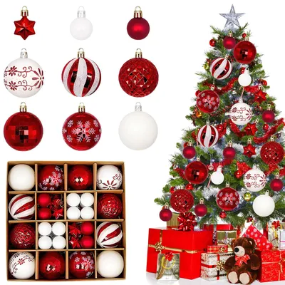 44 Kunststoff-Weihnachtskugeln, weiß/rot, 3+6 cm, für drinnen & draußen