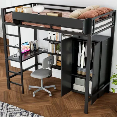 Image de OKWISH Lit Mezzanine 90x200 cm Ado - Avec Bureau, Penderie et Rangements - Métal Noir - Sans Matelas