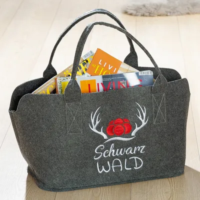Produktbild von Gilde Tasche, Schwarzwald, Geweihmotiv, Schriftzug, Filz, grau, VE 4 Höhe: 26.00 cm Breite: 40.00 cm Tiefe: 25.00cm 45538