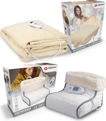 Produktbild von alpina 2in-1 Fußwärmer und Heizdecke Set - Wärmedecke mit 3 Heizstufen, Fußwärmer mit 1 Heizstufe, Abnehmbare Hülle, Automatische Abschaltung, Polyester Weiß/Grau