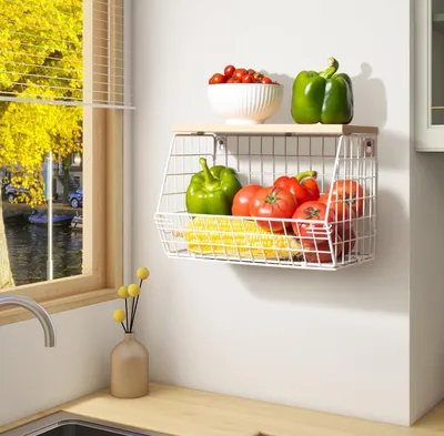 Produktbild von Vielseitige stapelbare Küchenkörbe mit Holzdeckel und Bananenhaken zur Platzersparnis