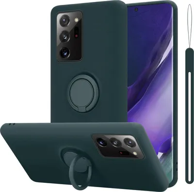 A dark green phone case with a ring holder is displayed diagonally, with a second view of the case shown from the bottom.