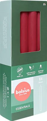 Produktbild von Stabkerzen, Samtrot, BOLSIUS Essentials, 20/230 mm, Brenndauer ca. 8h, 8 Stück pro Verpackung, Torpedokerzen, Dinnerkerzen