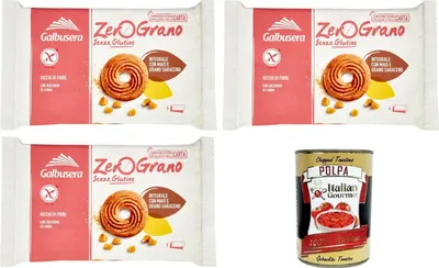 Produktbild von Galbusera- Zerograno frollini Integrali con Mais e Grano Saraceno Vollkornkekse mit Mais und Buchweizen 3x220 gr + Italian Gourmet polpa 400g