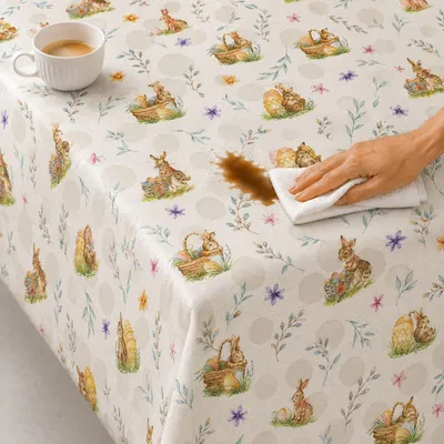 Produktbild von Wachstuchtischdecke Osterhase im Körbchen abwischbar 140 x 320 - 37399 - Osterhase