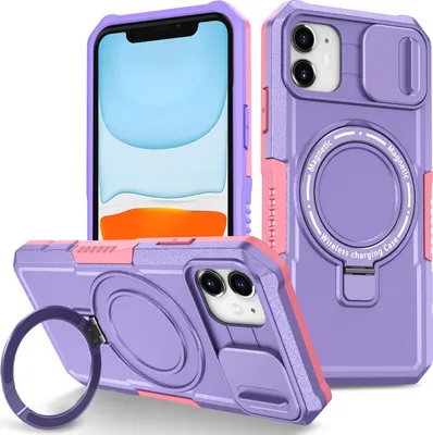 Produktbild von Handyhülle für iPhone 11 Kompatibel mit MagSafe, Robuste Hülle mit Schiebe Kamera Schutz, Magnetischer Ringständer Lila