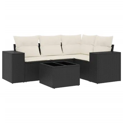 Produktbild von Modulares Garten-Sofa-Set, 5-teilig, mit Stauraum, wasserabweisendem Beutel, Poly Rattan Schwarz, Hartglas-Tisch, Cremeweiße Kissen