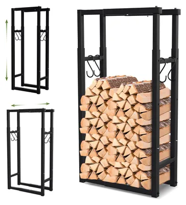 Zdjęcie produktu dla Regał na drewno kominkowe, regulowany, metalowy, z 4 haczykami, długość 40/53/65 cm, wysokość 100/125/150 cm, szerokość 25 cm