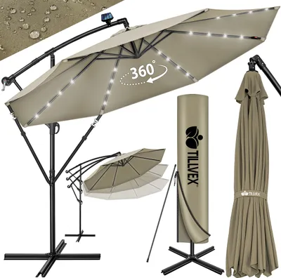Produktbild von tillvex Alu Ampelschirm Braun LED Solar Ø 300 cm mit Kurbel | Sonnenschirm mit An-/Ausschalter | Gartenschirm UV-Schutz Aluminium | Kurbelschirm mit Ständer Marktschirm wasserdicht
