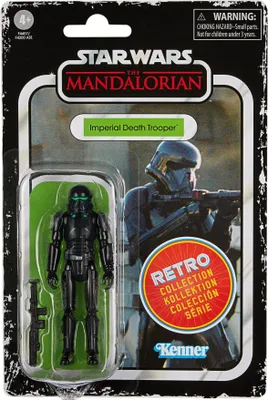 A Star Wars The Mandalorian Retro Collection Imperial Death Trooper action figure in its original packaging.