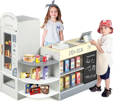 Produktbild von GOPLUS Kinder Kaufladen, Supermarkt aus Holz, Kaufmannsladen mit mit Kasse, POS-Automat & Verkaufsautomat, Einkaufsladen Rollenspiele (Grau)