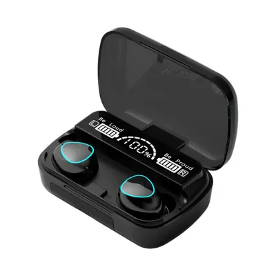 A pair of black wireless earbuds in their charging case, with the lid open, showing a digital display.