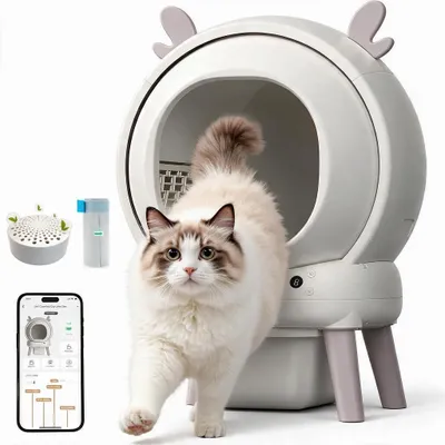 Image de Bac à litière autonettoyant XXL 65 L, automatique via application, jusqu'à 15 jours, 9 capteurs anti-coincement, anti-odeurs, pour plusieurs chats