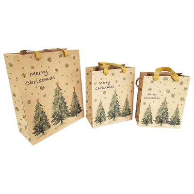 Produktbild von 2474U Weihnachts-Geschenktüten Set (3-teilig) aus Kraftpapier, Naturbraun mit "Merry Christmas" Schriftzug & Tannenbaum-Motiv, Papiertragetaschen