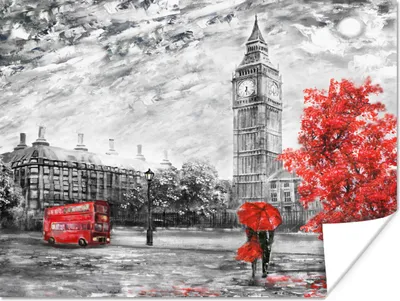 Produktbild von MuchoWow® Poster Gemälde - Big Ben - Rot - Regenschirm 40x30 cm - Plakate für die Wände - Poster Wohnzimmer