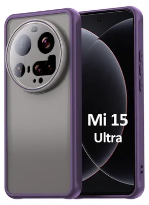 A purple phone case is shown with a smartphone inside, displaying the text "Mi 15 Ultra".