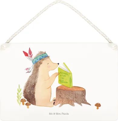 Produktbild von Mr. & Mrs. Panda holzbild Igel Federschmuck DIN A4 - Weiß - Geschenk, Camping, Abenteuer, Tiere, Türschild, Indianer, Wandbild Holz, Holzschild, wandtafel, Lagerfeuer