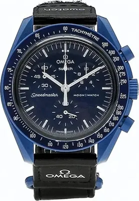 A close-up studio shot of a blue Omega x Swatch MoonSwatch watch against a white background.