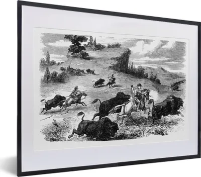 Produktbild von MuchoWow® MuchoWow® Gerahmtes Poster Eine Illustration der Bisonjagd 40x30 cm - Poster mit zchwarzem Bilderrahmen - Bilderrahmen - Poster im Rahmen