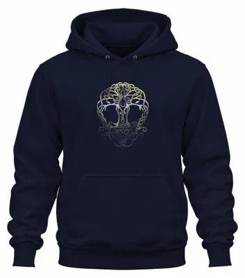 Zdjęcie produktu dla Thorhammer Viking Yggdrasil Tree of Life Celtic Knot Runes Uni Bluza z kapturem, Granatowy, L