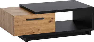A modern coffee table with a drawer and open shelving, presented against a white background.