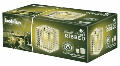 Imagen del producto de Velas Bolsius, diseño "Ribbed" (con relieve), transparentes, para reencendido, paquete de 6 unidades