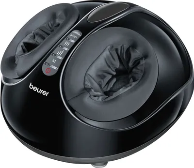 A black Beurer foot massager is shown from a slightly elevated diagonal angle against a white background.