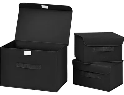 Productafbeelding van Opbergboxen met deksel, inklapbaar, van stof, 3 stuks, zwart