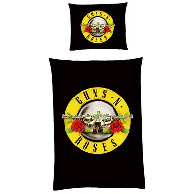A black duvet cover and pillowcase set featuring the Guns N' Roses logo.