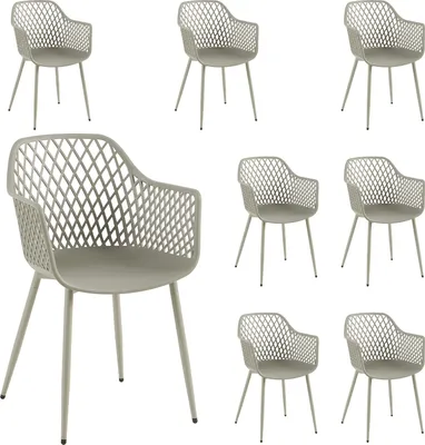 A collection of eight identical gray chairs arranged in a grid on a white background.