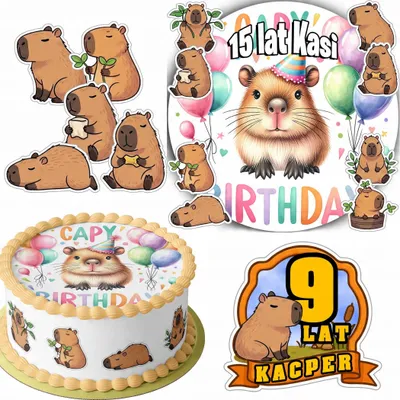 Obrázek produktu pro Zestaw Opłatek Na Tort 20Cm + 16 Postaci - Kapibara + Imię 15Cm 18Cm