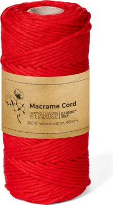 Produktbild von STANKE Makramee Garn 3mm 100 m Farbe Rot - Baumwollgarn für Boho-DIY, Körbchen, Traumfänger - Baumwollkordel für Girlanden, Untersetzer, Taschen - 100% Baumwolle, gedreht, weich, große Rolle