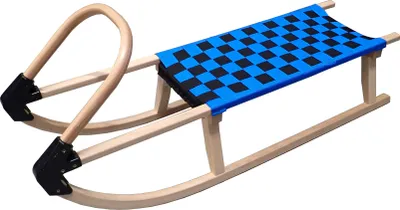 A wooden sled with a blue and black checkered seat.