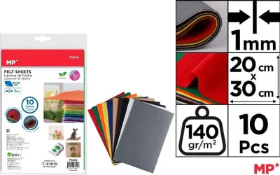 Produktbild von Dekorativer Filz 20 x 30 cm, 140 g, 10 Farben – MP Main Paper