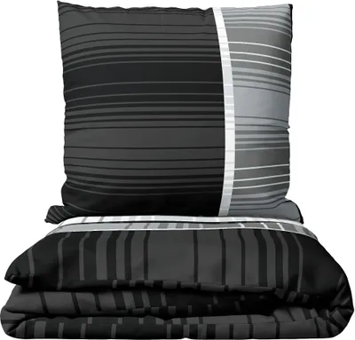 A folded duvet and pillow with a striped pattern.