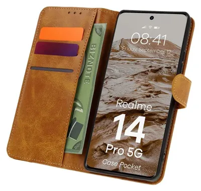 Produktbild von Handyhülle mit Klappe für Realme 14 Pro 5G, Bizon Case Pocket, Braun